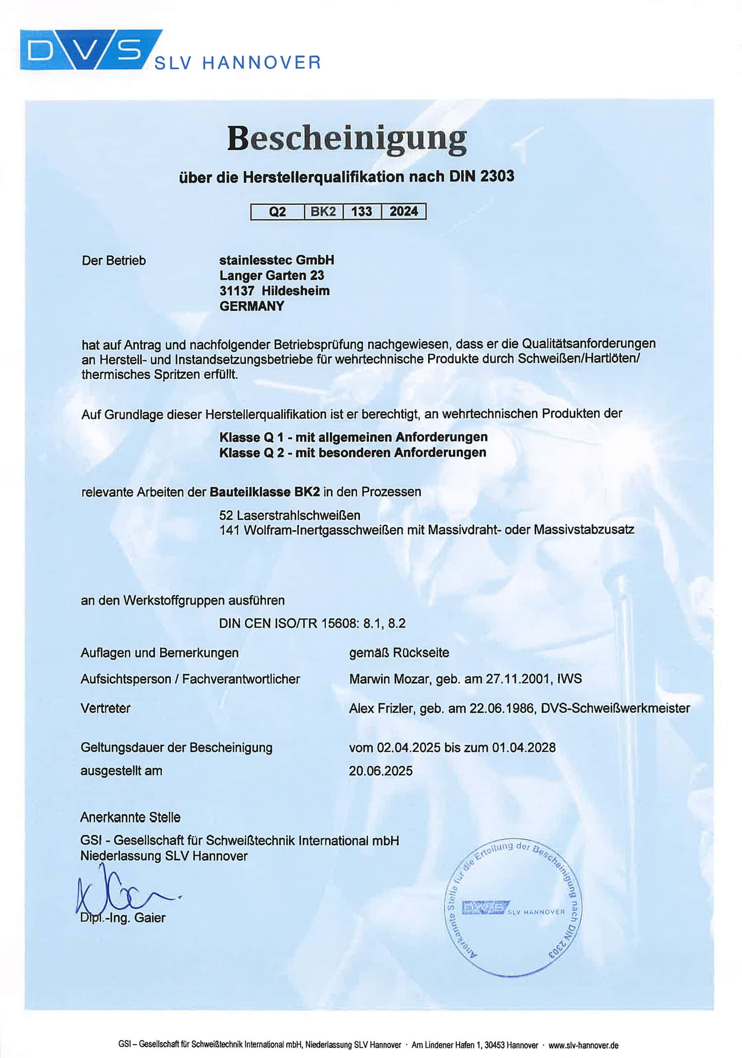 Bescheinigung der Herstellerqualifikation nach DIN 2303 Q2